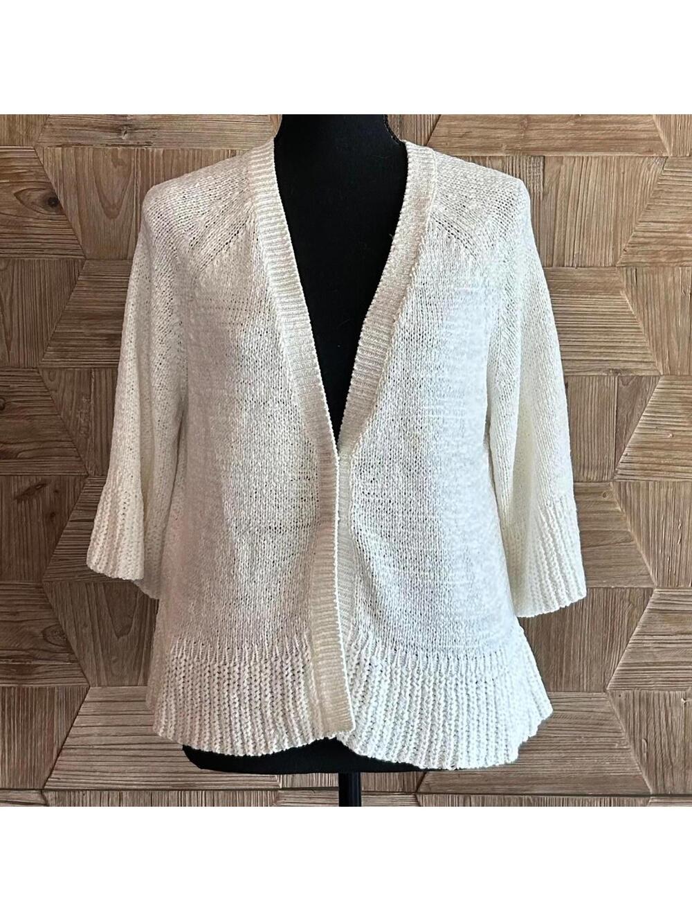 August Silk Women's Preppy White Cardigan Snap Button Open Front Flare Sleeve M